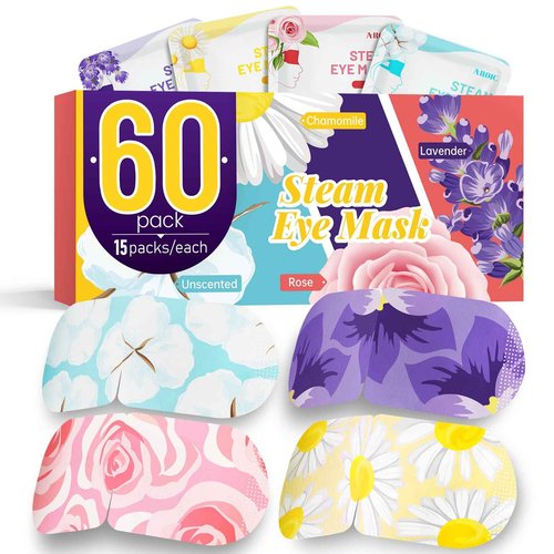 AROIC 60 Pack Steam Eye Masks Disposable for Dry Eyes, Heated Eye Mask Warm Compress for Eyes, Relaxation Gifts, Travel Essentials - Lavender, Unscented, Chamomile, Rose