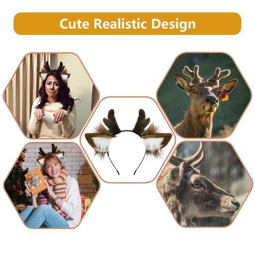 SIOTMERA 2Pcs Reindeer Antlers Headband, Realistic Deer Antlers Headbands Reindeer Ears Adults Christmas Party Birthday Makeup Cosplay, Reindeer Headband for Christmas Eve Costume Gift, Brown