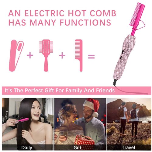 Deluxe Electric Hair Straightener and Curling Comb for Natural Hair and Wigs, 450°F Heat Pressing Comb with Anti-Scald Case (Pink)