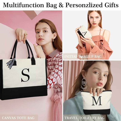 YOOLIFE Birthday Gifts for Sister - Initial Canvas Tote Bag & Makeup Bag, Letter D