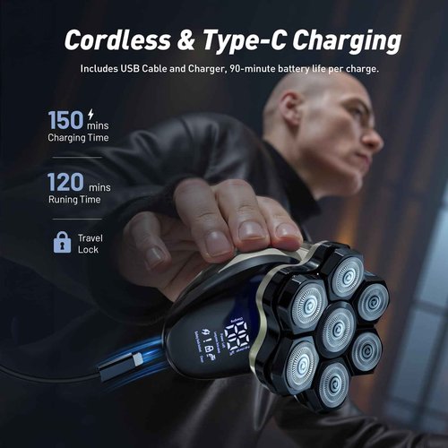 Clforczh Head Shavers for Bald Men: 7D Detachable Electric Razor - IPX6 Waterproof Wet Dry Rotary Shavers - LED Display Rechargeable Head Shaving with Fast Charging, Gray