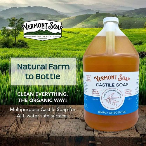 Vermont Castile Soap Unscented, Gentle Liquid Soap for Sensitive Skin & Natural Body Wash, Organic Hair Shampoo for Oily Hair, Aloe Castile Soap for Men & Women - Gallon