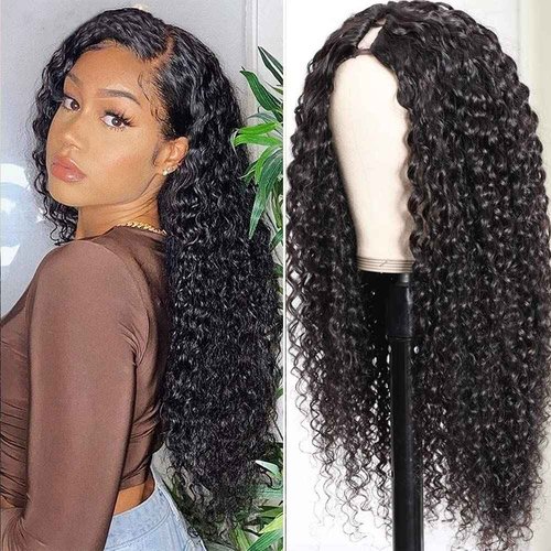 Amznlady Curly V Part Wig Human Hair Brazilian Virgin Human Hair Wigs for Black Women Upgrade U Part Wigs Glueless Full Head Clip In Half Wig No Leave Out 180% Density Natural Black 18 Inch