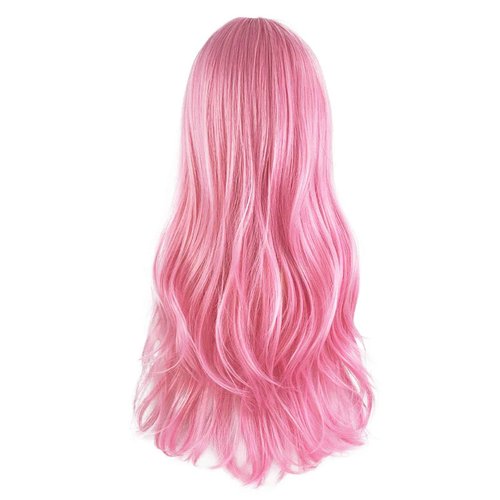 WKLOUYHE Pink Long Wavy Wigs with Bangs for Women - Loose Wavy Synthetic Cosplay Wig for Girl - Colorful Costume Wigs