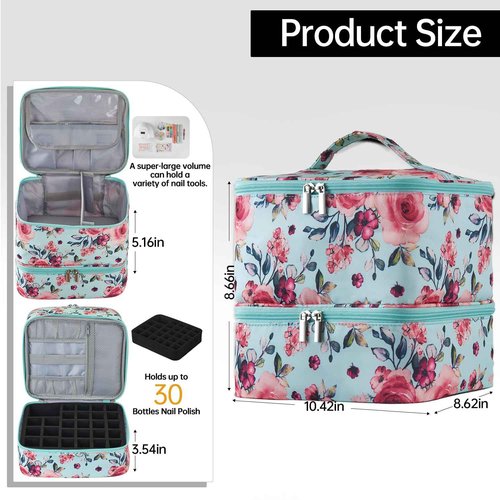 Buruis Double-Layer Nail Polish Organizer Bag, Holds 27 Bottles (15ML/0.5 FL.OZ or Larger), Nail Tools & Dryer Storage Case with Adjustable Dividers (Aqua Floral)