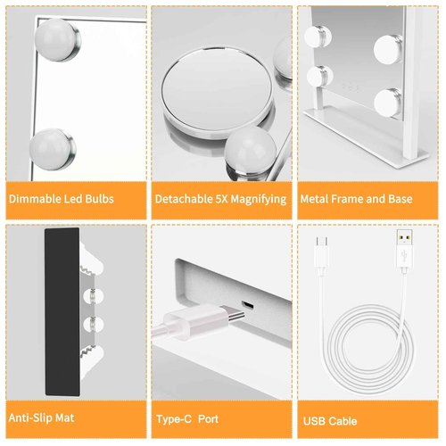 Vanity Mirror with Lights, Hollywood Lighted Makeup Mirror with 3 Color Lighting Modes and 12 Dimmable Bulbs, Detachable 5X Magnification, Smart Touch Control, 360°Rotation, White