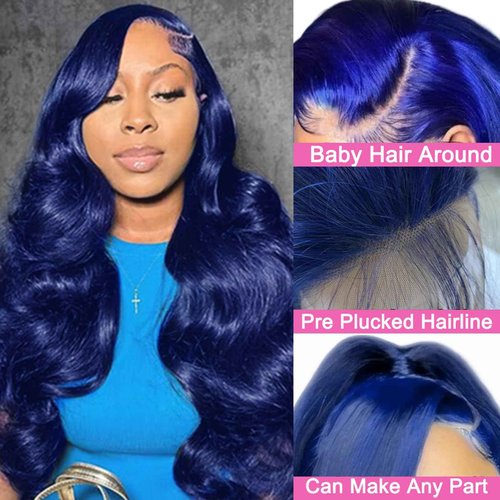 Suresen Dark Blue Lace Front Wigs Human Hair Pre Plucked 180% Density 26 Inch Body Wave HD 13x4 Lace Front Pre Plucked Dark Blue Human Hair Wigs with Bleached Knots Natural Hairline