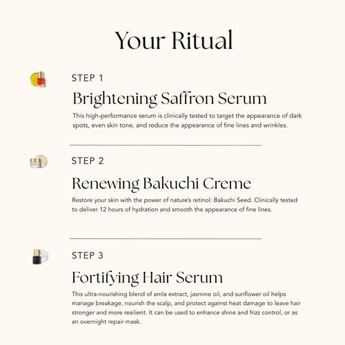 RANAVAT Royal Trio Travel Size Gift Set - Set Includes Brightening Saffron Face Serum, Renewing Bakuchi Face Cream & Fortifying Hair Serum - Clinically Tested Vegan Skincare & Haircare (3 Count)