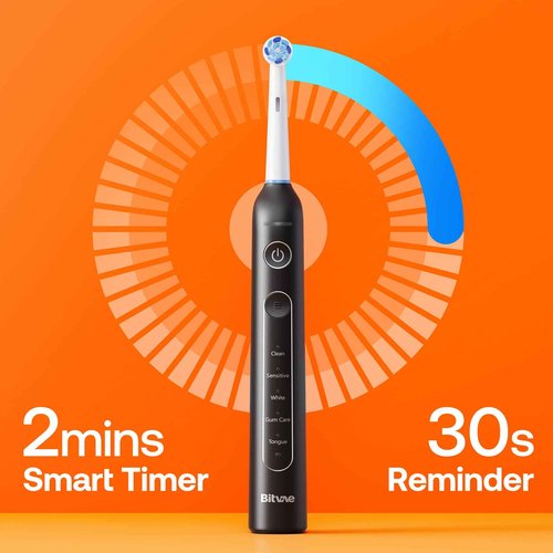 Bitvae Toothbrush Cleaner & R2 Rotating Electric Toothbrush Black for Adults and Kids with 8 Brush Heads, 5 Modes, Pressure Sensor, Travel Case, Bundle