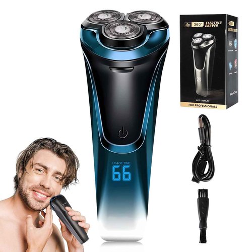 Snapbuy Electric Razor for Men, Waterproof Cordless Shaver with 90-Min Runtime, 4D Floating Head Rotary, Wet & Dry Rechargeable Electrical Shaver LCD Display (Blue)