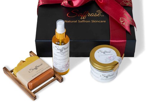 SaffroseLA Beauty Gift Set 3pc inc Glycerin Facial Cleansing Soap, Saffron & Rose Facial Scrub, Saffron & Rose Facial Mist Spray Toner