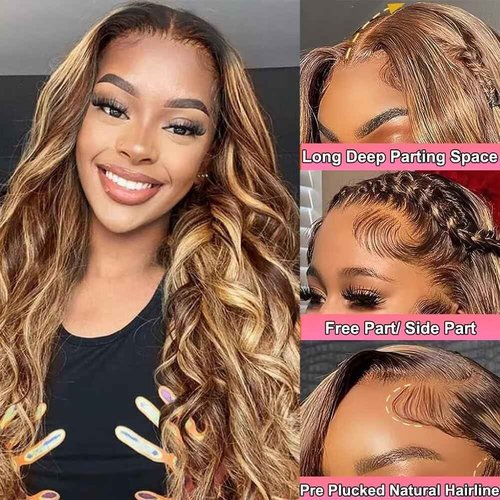 studyy Highlight Ombre 360 Body Wave Lace Front Wigs Human Hair Pre Plucked with Baby Hair Honey Blonde 360 HD Lace Frontal Wigs Full Lace for Women 20inch