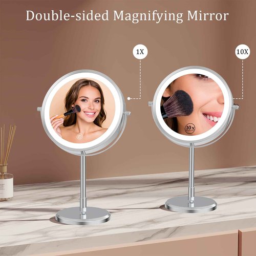 Erlingeryi 7” Magnifying Mirror with Lights,1X/10X Double Sided Lighted Makeup Mirror with Magnification, Rechargeable Battery, Dimmable, 3 Lighting Colors, Chrome