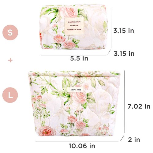 Sminra 2 Pcs Floral Makeup Bag Large Travel Cotton Quilted Cosmetic Makeup Bag Organizer, Cute Coquette Aesthetic Zipper Portable Pouch Purse Storage Toiletry Bag for Women Girls accessories
