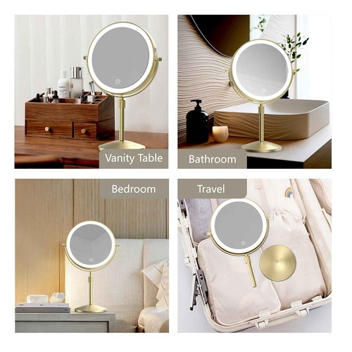 MIROAMZ 8" Lighted Makeup Mirror, 1X/10X Magnification, Double Sided Dimmable, Rechargeable & Height Adjustable, Cordless Vanity Mirror (Gold)