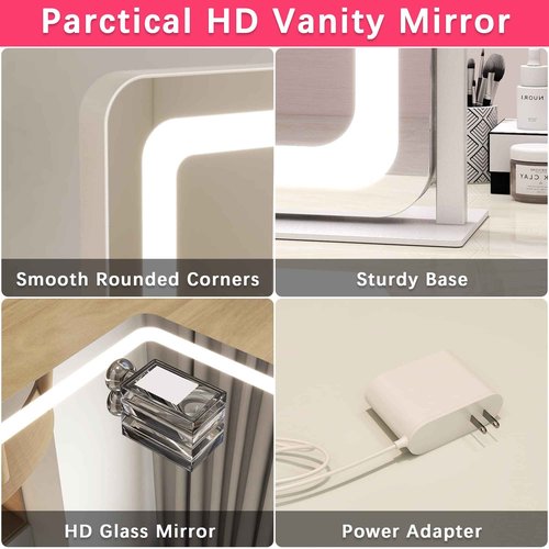 ROLOVE 22x17 Inch Lighted Vanity Mirror with Dimmable LED Lights - 3 Color Modes, Smart Touch Control & 360° Rotating Base - Desk Makeup Mirror (White)