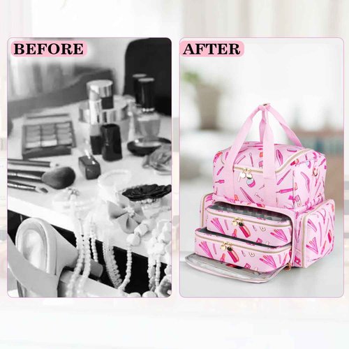 Extra Large Nail Polish Organizer Case Holds 80 Bottles and a Nail Lamp, Nail Organizers and Storage with 2 Removable Pouches, Travel Nail Supplies Carrying Bag for Nail Art Tech & Manicure Tools,Pink