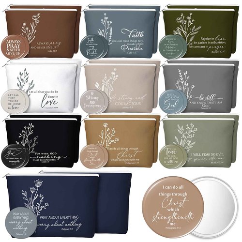 Reginary 20 Set Christian Gifts Bulk for Women Religious Canvas Makeup Bags Compact Mirrors Bible Verse Church Favors for Grandparents Pastors Wife Clergy Appreciation(Neutral Colors,Aesthetic Style)