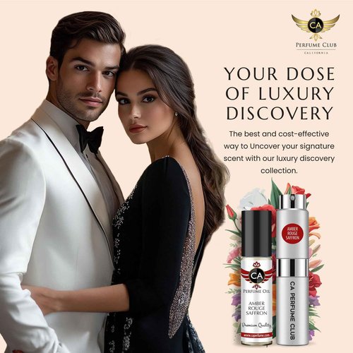 CA Perfume Duo Impression of Amber Rouge Saffron For Women and Men Fragrance Layering Set Bundle – Eau De Parfum + Body Oil Roll-On Bottle (Set of 2, 0.27 Fl Oz + 0.33 Fl Oz)