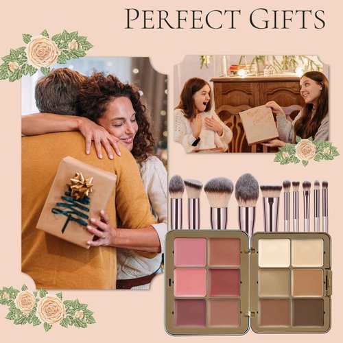 JasCherry 12 Colors Makeup Palette & Brush Set, Professional Eyeshadow, Blush, Highlighter, Contour Kit with 10 Champagne Gold Brushes, Cruelty-Free, Vegan, Travel-Friendly, for Beginners Pros