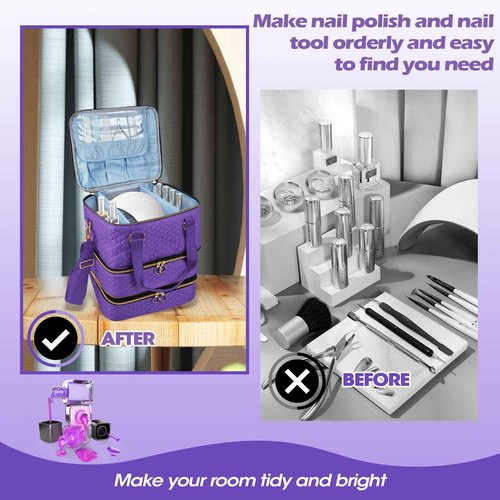 Cheungren Nail Polish Organizer Case - Three Layer Nail Polish Storage Bag with Adjustable Dividers Holds 84 Bottles Nail Polish Nail Lamp Nail Kit Supplies Organizer Box - Purple