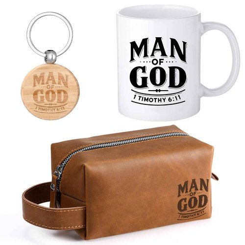 Shinylin 3 Pcs Pastors Man of God Gifts for Men Christian 11.2oz Inspirational Coffee Mug Religious Bible Verse Leather Toiletry Bag Scripture Keychain for Dad Church Baptism Souvenir Christmas