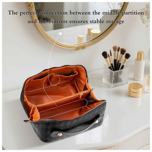 Abiudeng Travel Makeup Bag,Large Capacity Toiletry Bag Cosmetic Bags for Travel Essentials,Waterproof Portable Pouch Open Flat Makeup bag Organizer with Divider and Handle-black rhombus