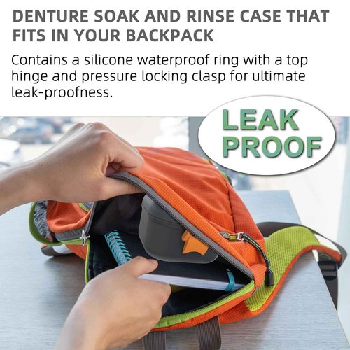 ARGOMAX Leak Proof Denture Bath Cup, Portable Soaking Denture Box, Denture Bath Case with Strainer, for Dentures and Braces, Upgraded Version with Storage Compartment (Black + Orange).