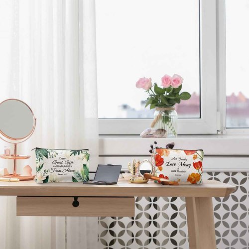 twinklemon 24PCS Christian Canvas Makeup Bags Bulk Inspirational Cosmetic Bags for Women Bible Verse Canvas Zipper Pouch Bulk Religious Makeup Organizer Bags Christian Gifts for Women(Flower)
