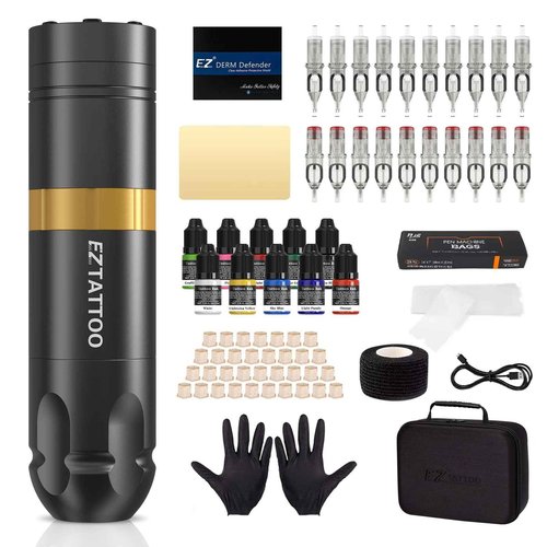 EZ Tattoo Kit - Tattoo Gun Kit Complete with Rotary Tattoo Machine Pen, 1500mAh Battery Power Supply, 20Pcs Tattoo Needles and 10 Color Inks for Tattoo Beginners and Artists (Caster S Golden)