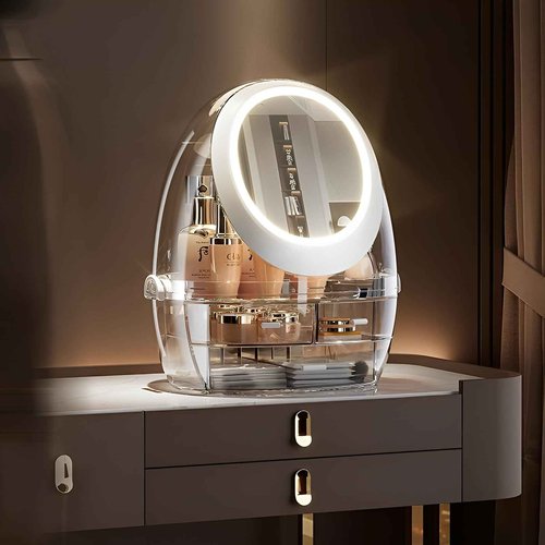 Sooyee Clear Makeup Organizer,Bathroom Counter Organizer, Modern Jewelry and Cosmetic Display Cases with Led Lighted Mirror,Make Up Organizer Stands for Bathroom, Dresser, Vanity Countertop