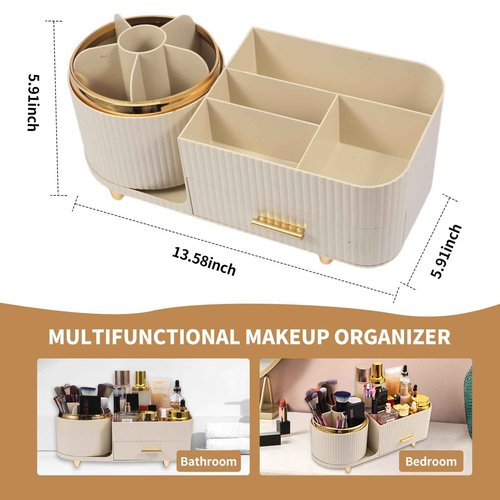 Zufudo Makeup Organizer Countertop with Drawer 360 Rotating Brush Holder Storage Large Capacity Skincare Cosmetic Display Cases for Vanity Bathroom Desktop, Model 3016 Cream