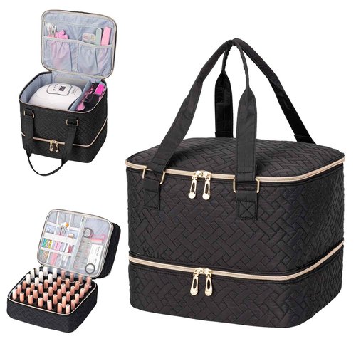 KGMCARE Nail Polish Organizer, Double Layer Storage Bag Gel Nail Polish Carrying Case Holds 42 Bottles with Nail Dryer Lamp Portable Manicure kit supplies Organizer (quilted)
