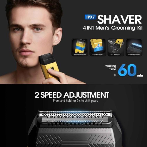 DSP 4-in-1 Men's Grooming Kit, Manscape Adjustable Beard Trimmer, Body Trimmer, Nose Hair Trimmer & Foil Shaver, IPX7 Waterproof, LED Display, Cordless for Face & Body, for Home, Gift for Men