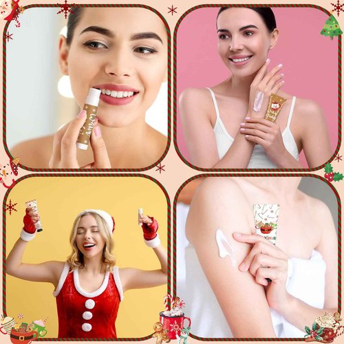Demissle 24 Pcs Christmas Hot Cocoa Supplies Xmas Party Stuffers Christmas Stocking Favors Xmas Red Green Hand Cream and Lip Balm Gifts Set for Baby Shower Guests