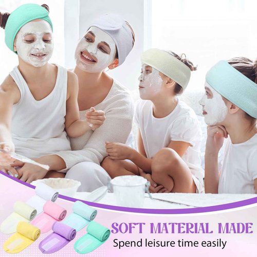 Wavyknot 35 Pack Spa Facial Headband for Women Adjustable Face Wash Makeup Stretch Flannel Headband Bulk with Tape for Women Hair Wrap Towel Skincare Facial Mask Bath and Sport, Macaron Color