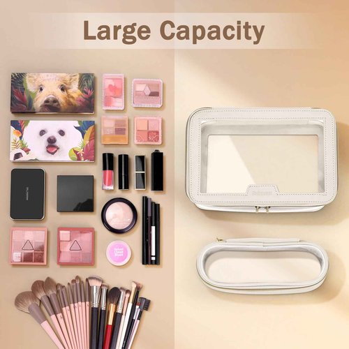 Soimeat Travel Clear Makeup Bag with Makeup Brush Bag, Leather Make up Case Toiletry Bag, Portable Cosmetic Bag Case, Transparent Waterproof Cosmetic Organizer Storage Bag for Women, Off-White