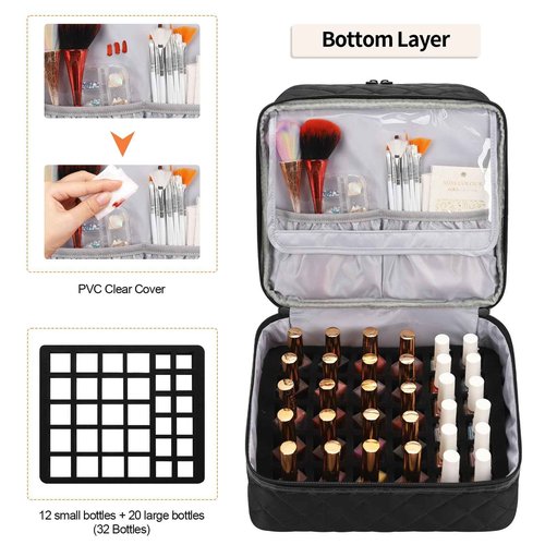 Ethereal Small Nail Polish Organizer Case Holds 32+ Bottles(15ml/0.5fl.oz) and Nail Lamp, Double Layer Nail Polish Storage Bag for Nail Kit, Manicure Tools, Black
