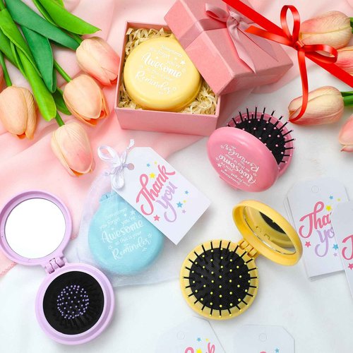 Cinnvoice 24 Pcs Employee Appreciation Gifts Bulk Folding Travel Brushes Sometimes You Forget You're Awesome Thank You Gifts Travel Mirror Hair Brush for Women Coworker Teacher Staff Team