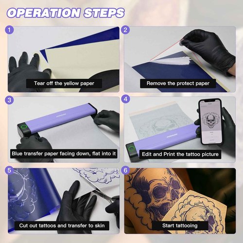 Padieoe Tattoo Stencil Printer with 10Pcs Transfer Paper - Bluetooth, Wireless, 2000mAh - Portable Thermal Printer Machine for Tattooist- 11.5x2.6x1.8in - Purple