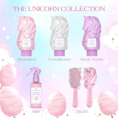 Glimmer Wish Premium Unicorn Shampoo + Conditioner + Body Wash, Vanilla Cotton Candy Scent, Dermatologist Tested, Sulfate & Sulfite Free, Paraben Free, PEG & EDTA Free, 100% Vegan, Cruelty & Gluten