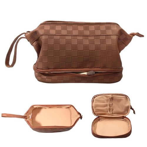 Abiudeng Large Makeup Bag for Women,Travel Makeup Organizer with Brush Holder, Dopp Kit Essentials,Waterproof Checkered Cosmetic Bag for Traveling,Multi Compartment,Cute,Spacious Capacity-Brown