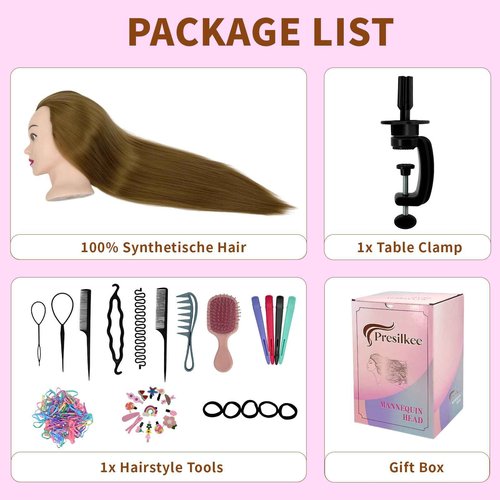 Presilkee 28" Cosmetology Mannequin Head With Hair - Doll Head For Hair Styling | wig Mannequin Head For Braiding, Cutting & Styling Practice | Includes Free Wig Stand & Hair Tools Set (Golden)