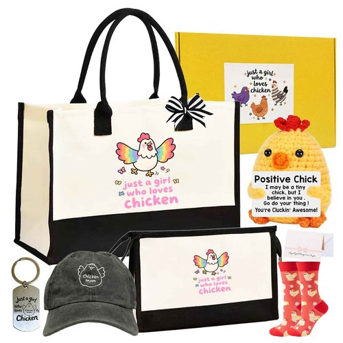 Chicken Stuff for Women,Chicken Mom Gifts,Include Funny Canvas Tote Bag Makeup Bag Keychain Hat Socks Crochet Animals Card for Birthday Christmas