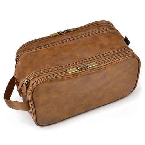 RPBHY Premium Toiletry Bag for Men, Large Leather Dopp Kit Travel Organizer, Water-Resistant Shaving Bag for Business, Brown Gift for Him