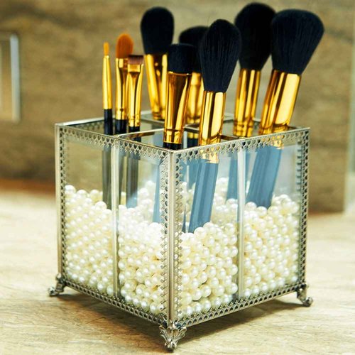 PuTwo Makeup Organizer Vintage 4 Sections Makeup Brushes Holder Make Up Storage with Free White Pearls