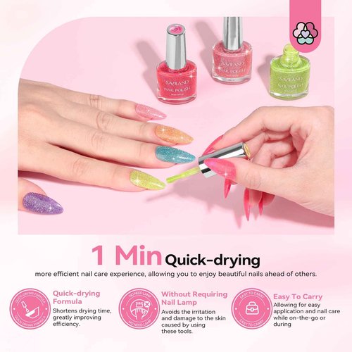 SAVILAND Glitter Nail Polish Set: Air Quick Dry Nail Polish Non Gel with Base-Top Polish Dual Unique Shimmer Holographic Nail Lacquer Gift for Beginner Fingernail Toenail Manicure Art 12 Color