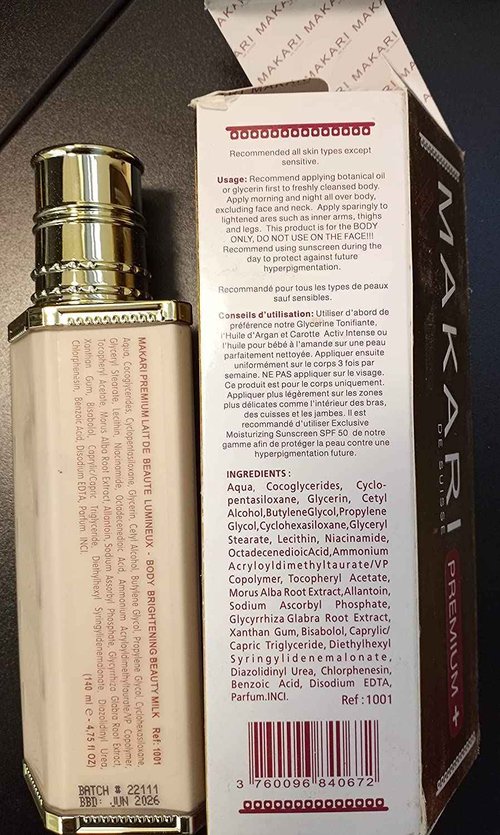 Makari Premium+ Body Brightening Beauty Milk (4.57 fl oz) | Anti-Aging Body Lotion | Softens and Smoothens Skin | Helps Diminish Discolorations and Dark Marks | Enhances Luminosity and Vibrance