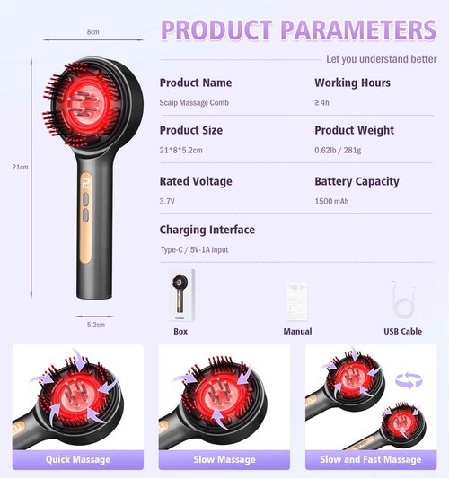Electric Scalp Massager, 3-in-1 Hair Oil Applicator & IPX7 Waterproof Scalp Brush, Cordless, Portable Head Massager for Home & Travel, Red