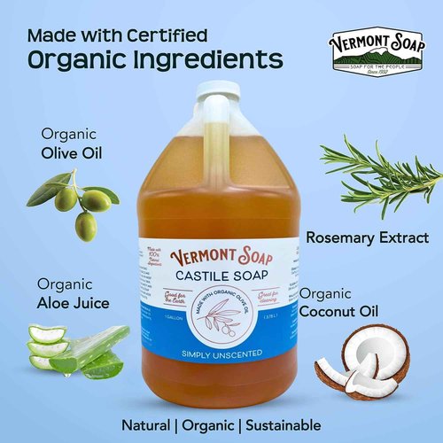 Vermont Castile Soap Unscented, Gentle Liquid Soap for Sensitive Skin & Natural Body Wash, Organic Hair Shampoo for Oily Hair, Aloe Castile Soap for Men & Women - Gallon